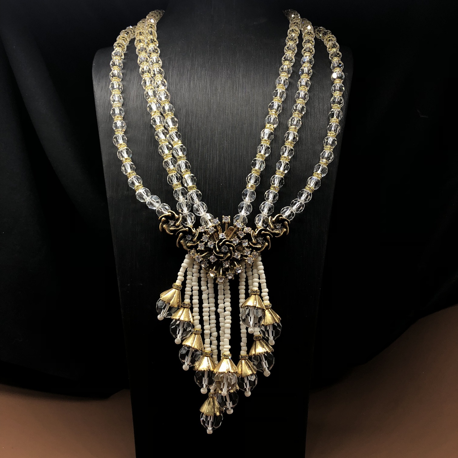 合金仿水晶项链 中古vintage复古多层珠珠俄金花朵流苏坠小众设计