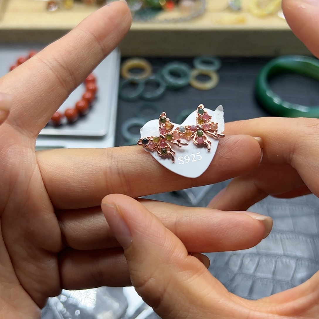 烟晶手链银S925镶嵌碧玺蝴蝶耳钉