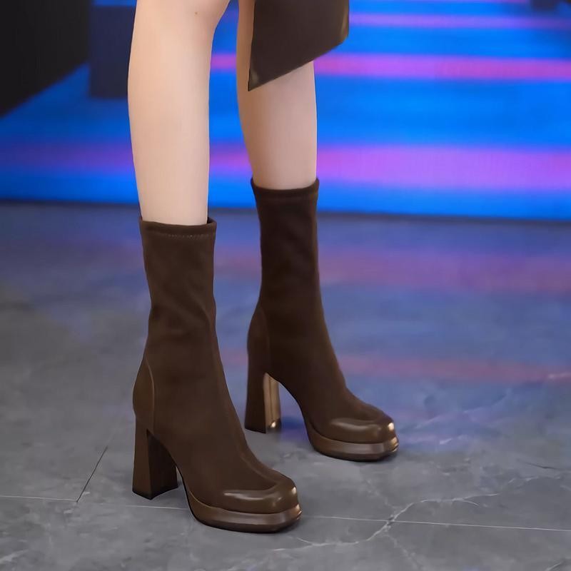 2025秋冬新款高跟防水台厚底短靴女粗跟高跟增高弹力瘦瘦靴中筒靴