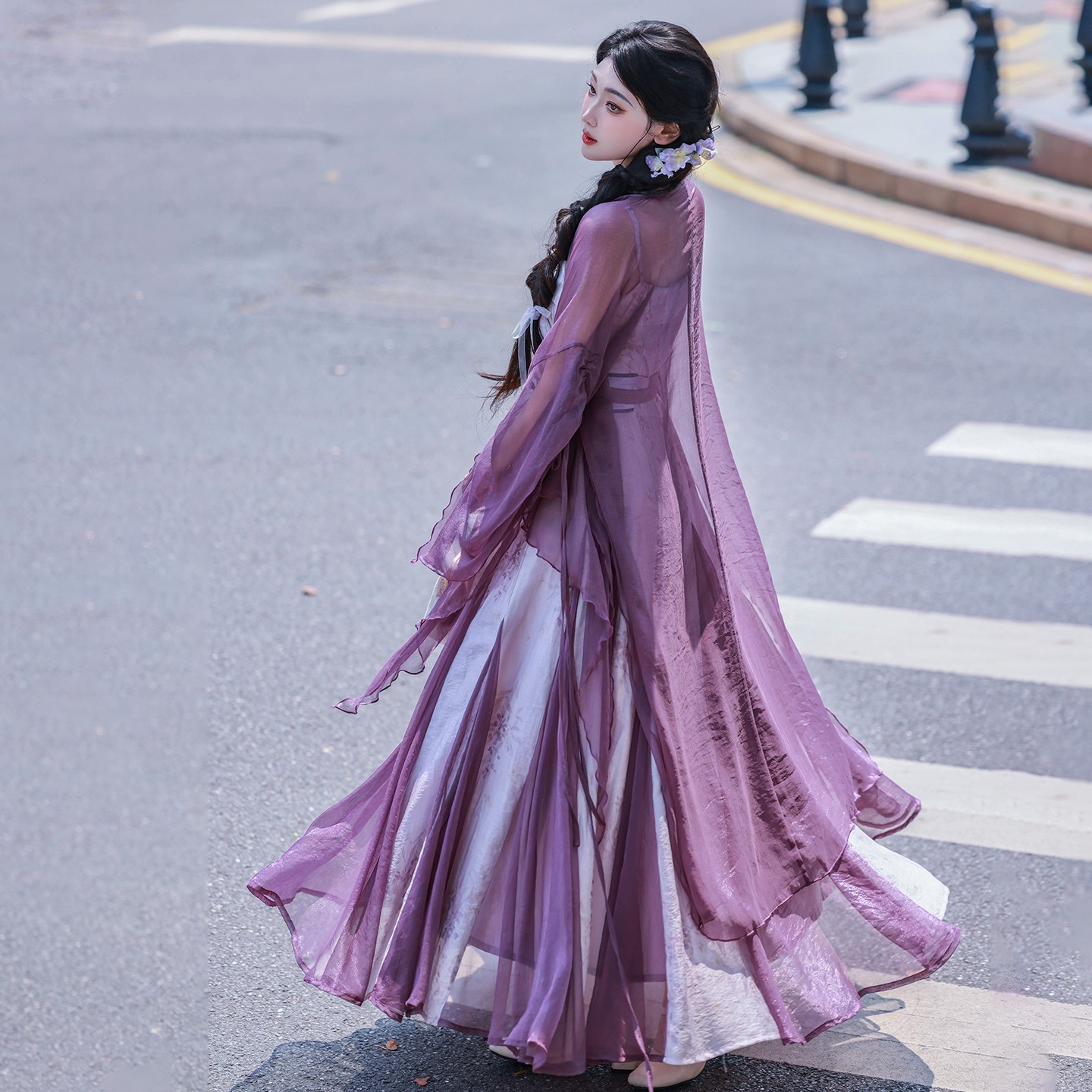 拟梦玉蝴蝶 原创国风汉元素连衣裙新中式大摆鱼尾裙破烂袖紫春夏