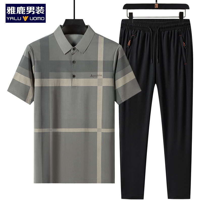 雅鹿男装夏季套装男两件套2025新款爸爸夏装短袖休闲中老年人衣服