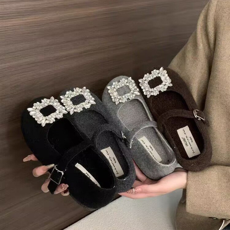 法式气质水钻绒面玛丽珍鞋女2025新款秋冬季百搭圆头加绒毛毛棉鞋