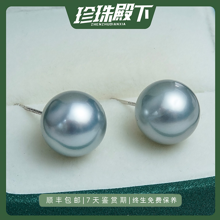 [吉尔德定制]五星特选极光铂金灰耳钉18K金海水大溪地珍珠带大证