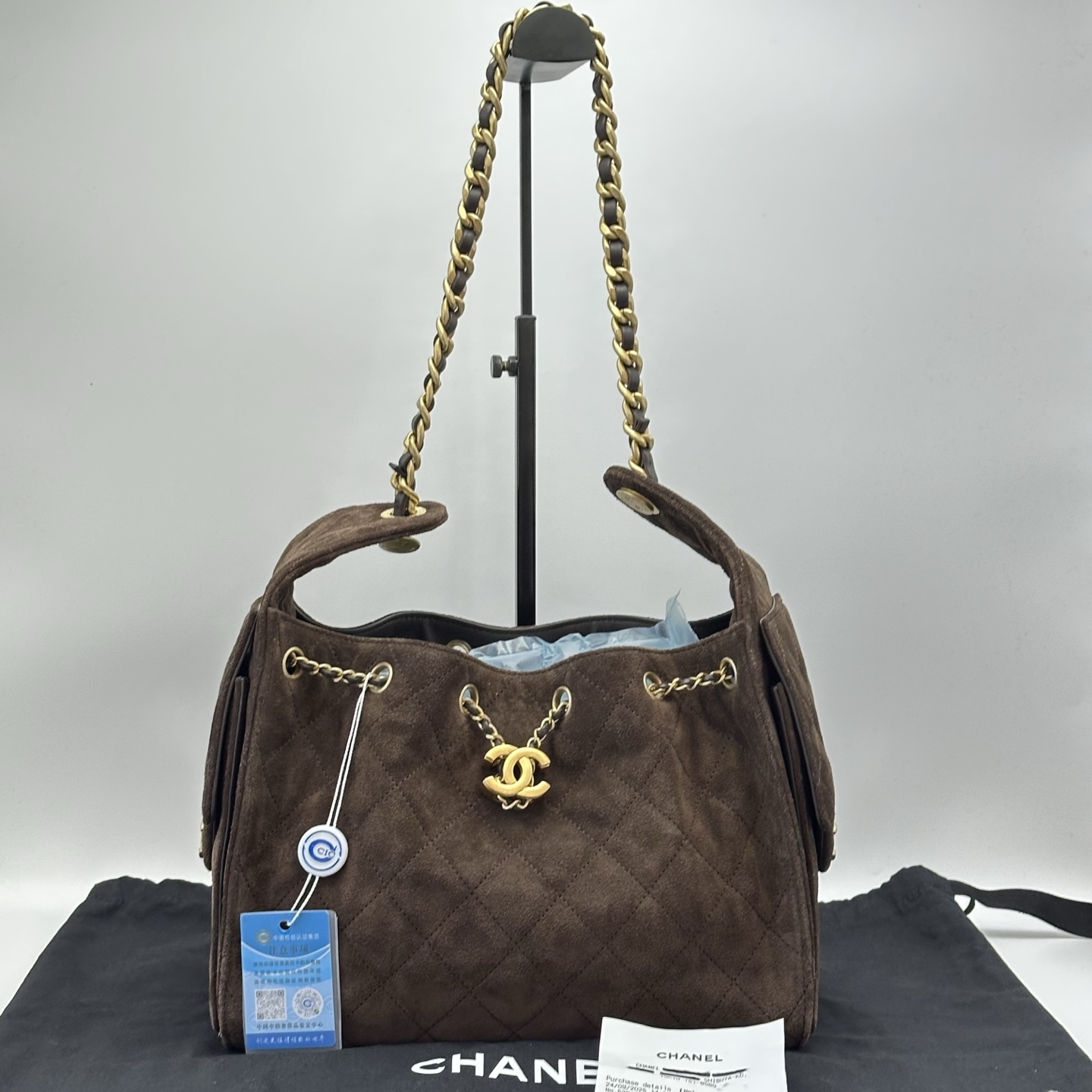 99新 Chanel/香奈儿 25bag棕色麂皮小号单肩斜挎包 08760