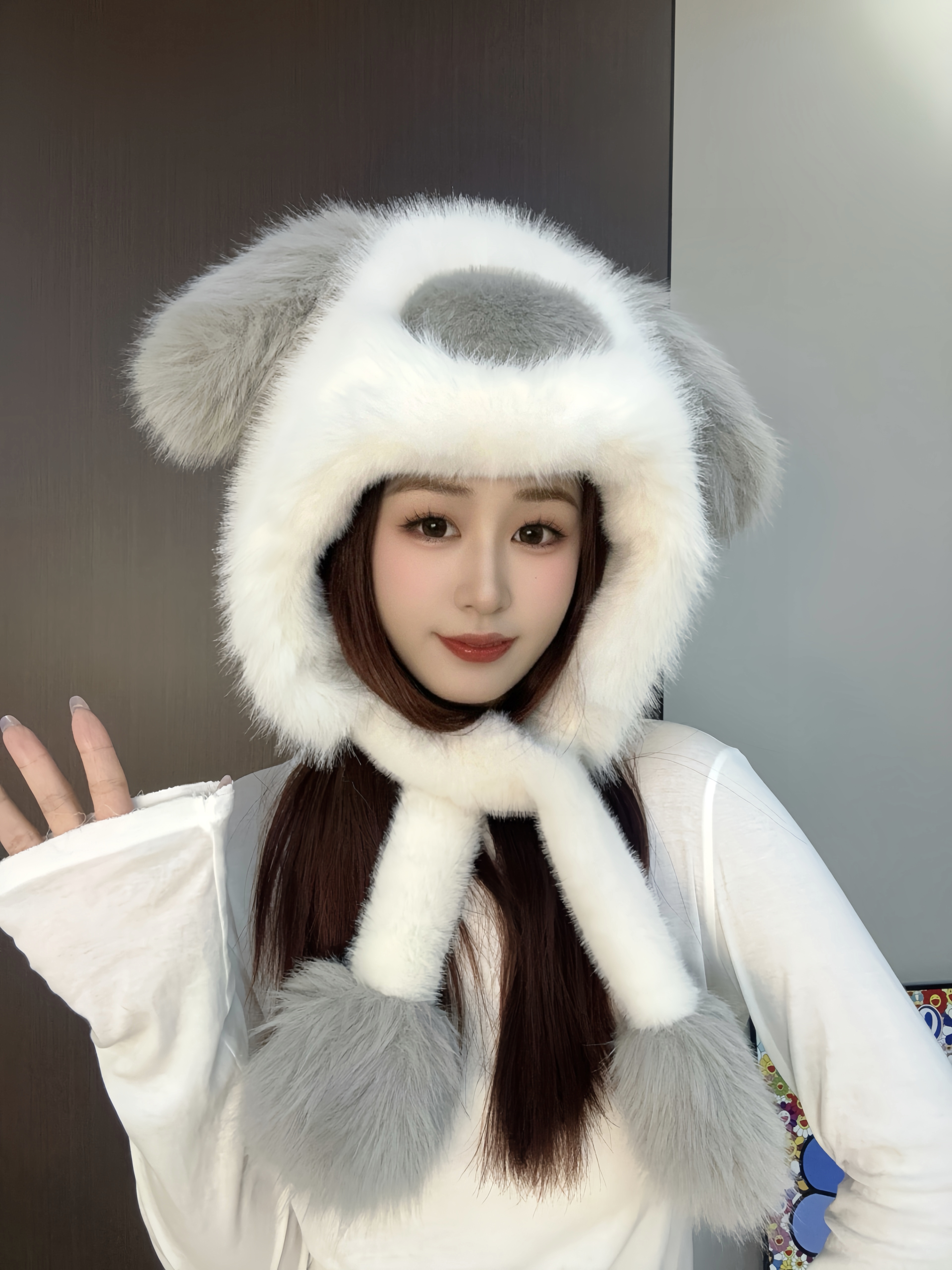 秋冬冬季护耳帽圆顶帽子加厚冬季雷锋帽防风帽毛绒小狗耳朵可爱帽