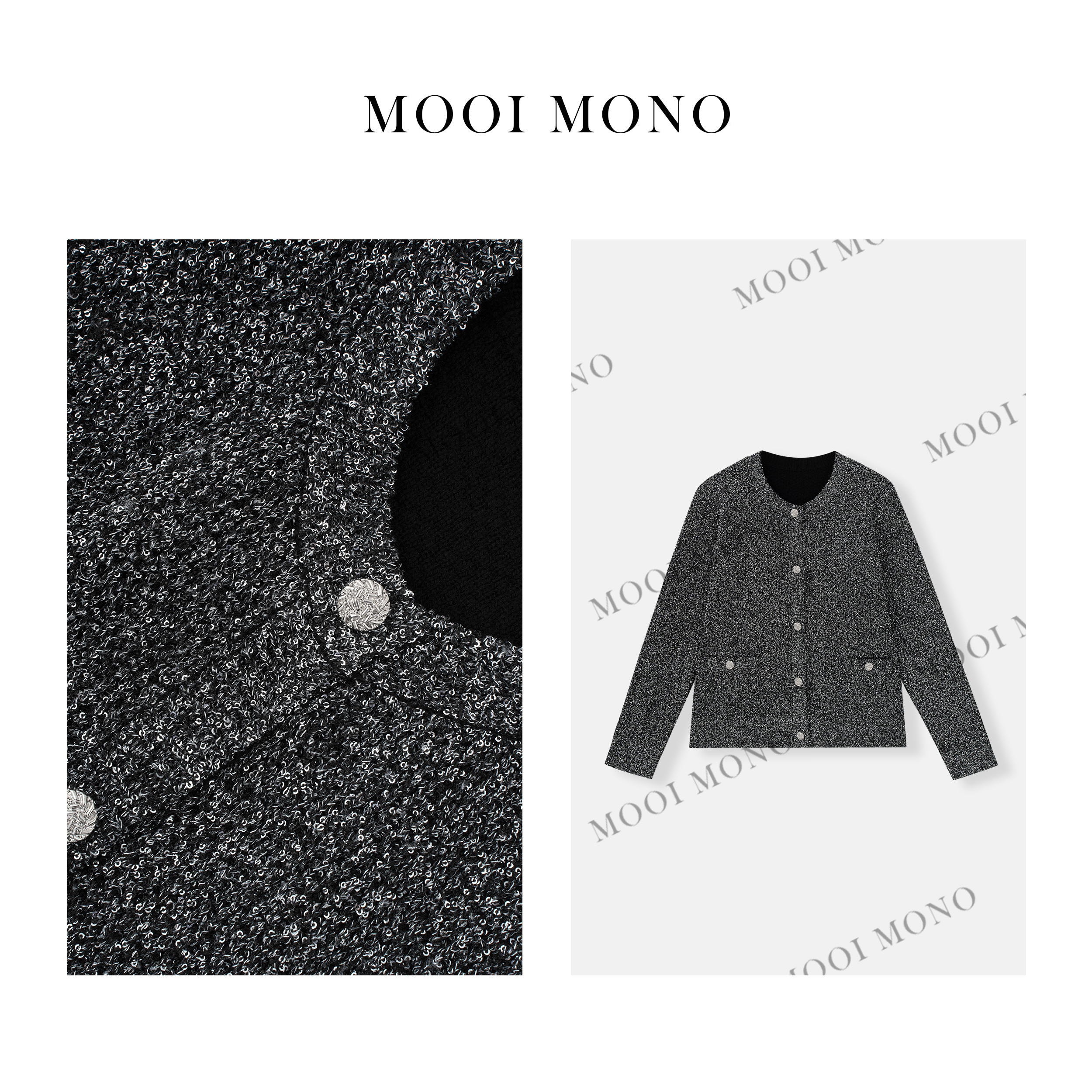 MOOI MONO"闪耀星辰"显瘦时尚气质圆领亮片细闪针织开衫 W421D51