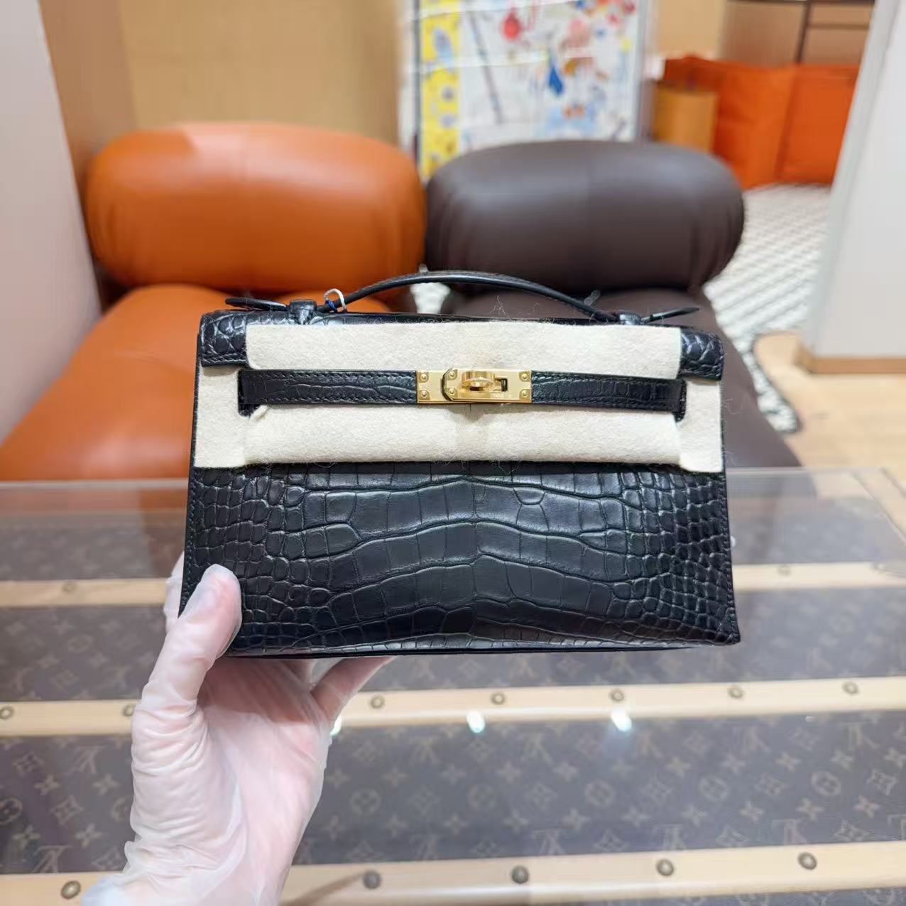 未使用 Hermes/爱马仕 minikelly一代 黑金 雾面方块鳄鱼 W刻