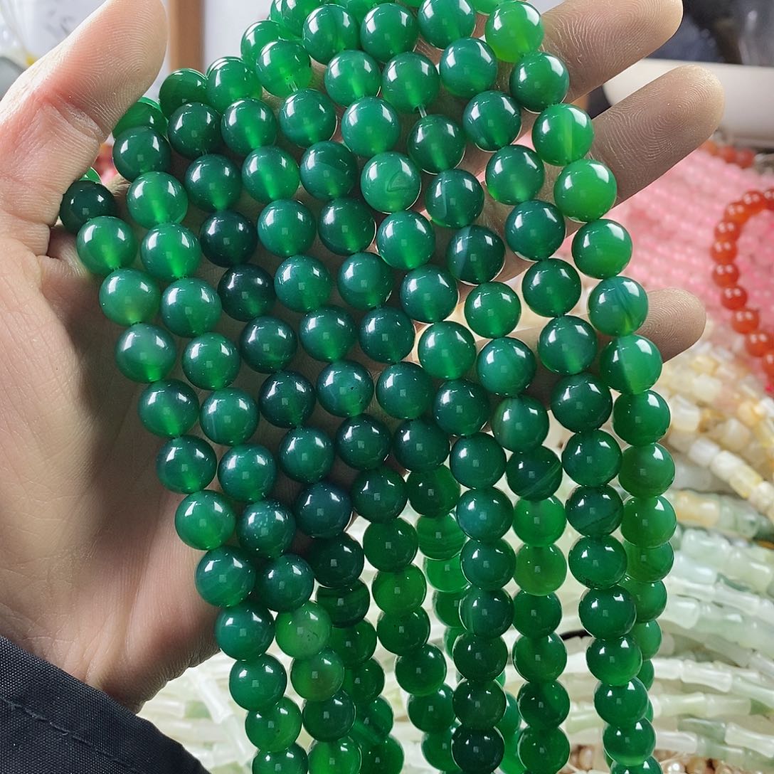 玛瑙/玉髓珠宝半成品合金一条天然10mm绿玛瑙圆珠A级