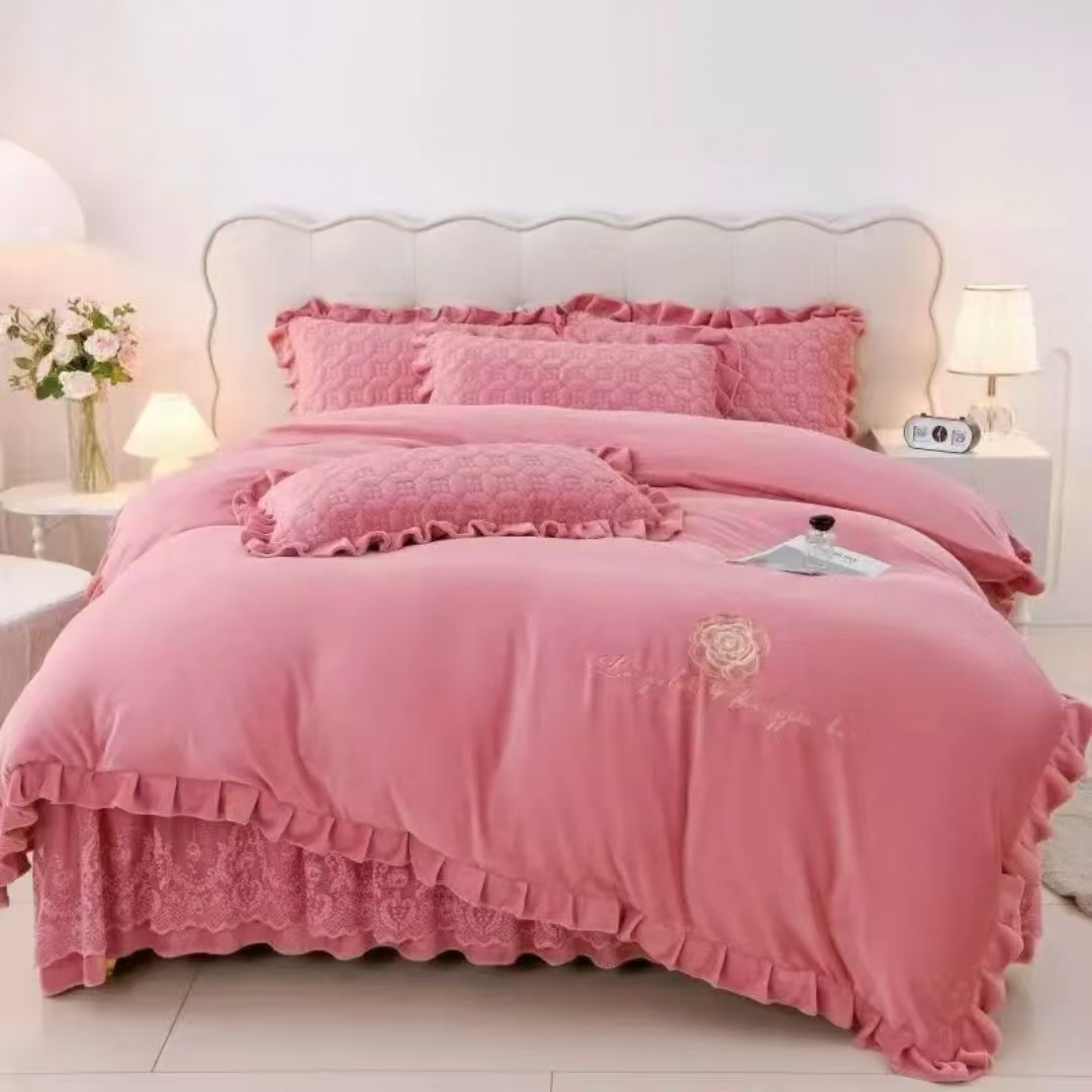 【特厚】新款高档牛奶绒夹棉床裙款床盖四件套韩版蕾丝公主风床品