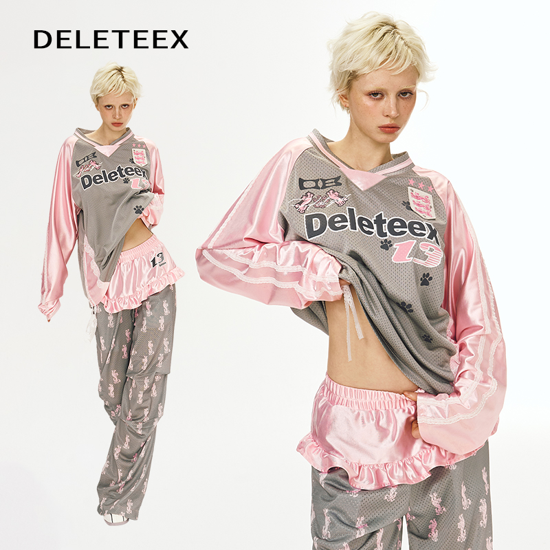 DeleteEX原创meowmeow系列撞色拼接运动球衣猫咪刺绣缎面宽松上衣