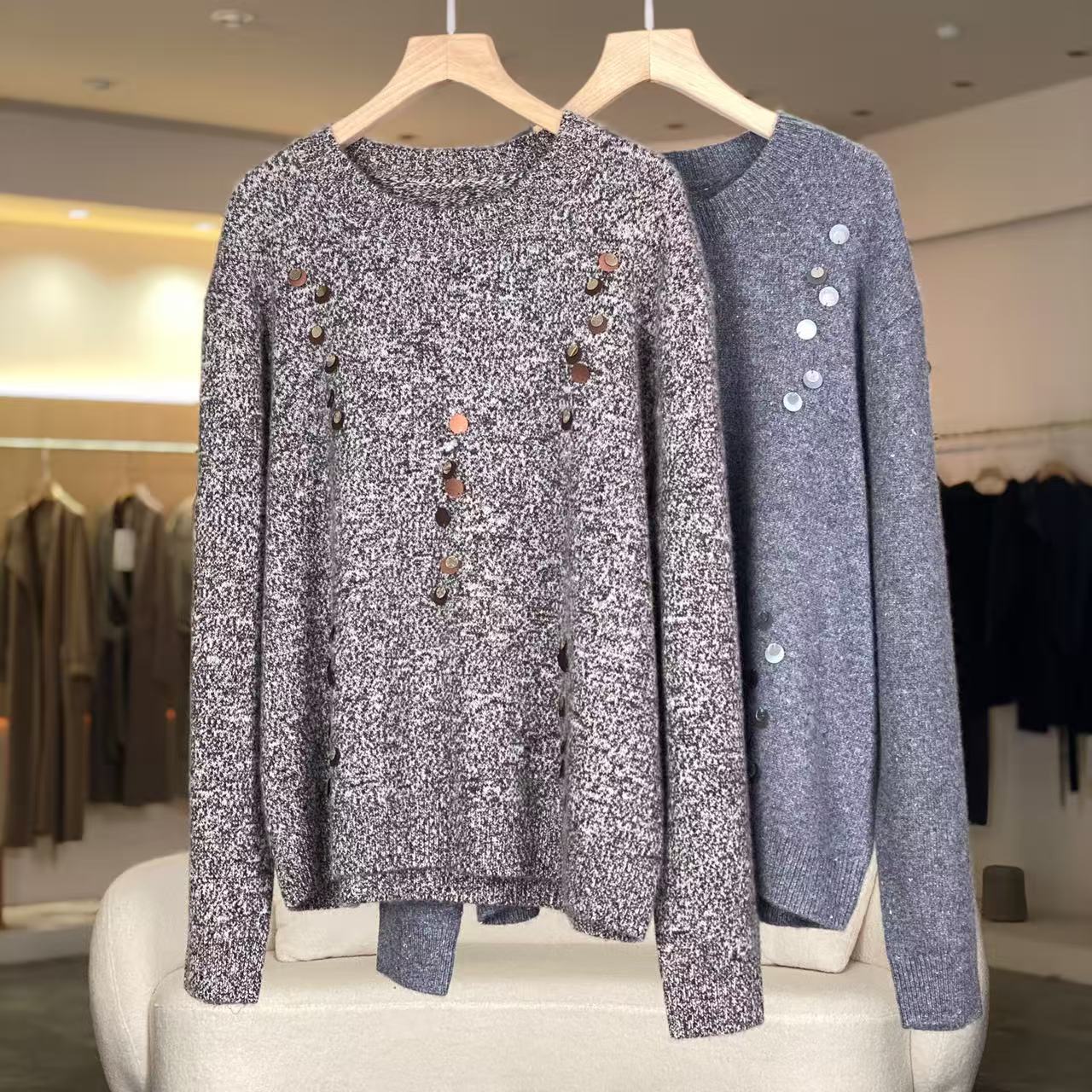 MeraxMer100%山羊绒金银丝花纱圆领亮片毛衣·气质百搭羊绒衫