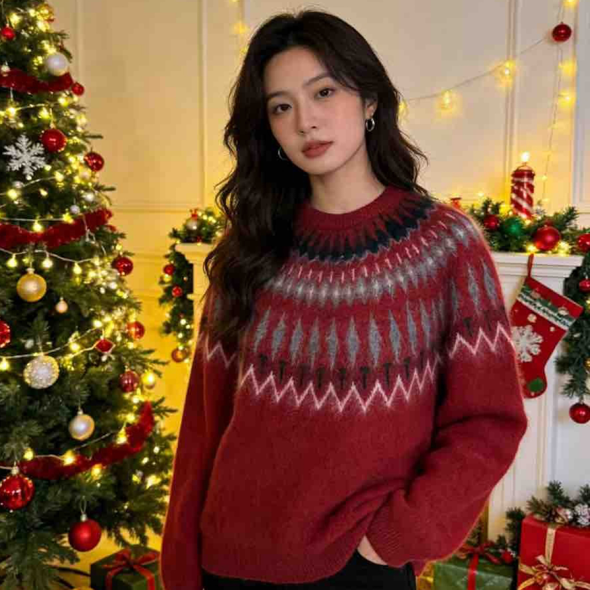 〔节日派对～费尔岛拉毛〕〔不可机洗〕韩系加厚提花圆领套头拉毛针织