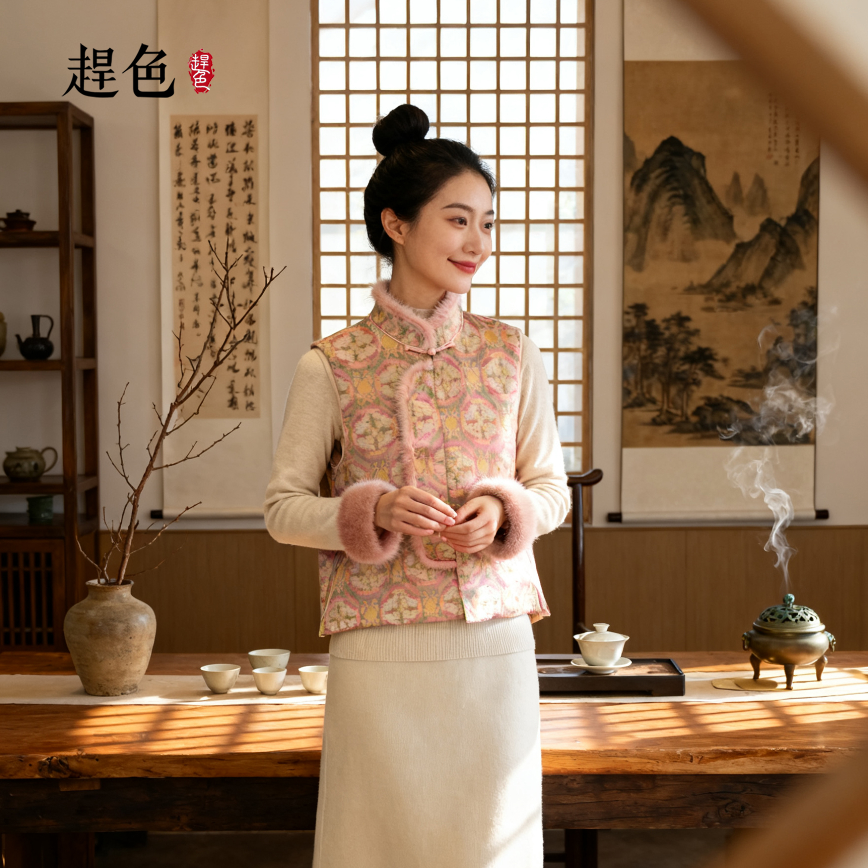 趕色金鱼戏莲宋锦新中式马甲棉服女秋冬轻薄轻国风唐装夹绵外套