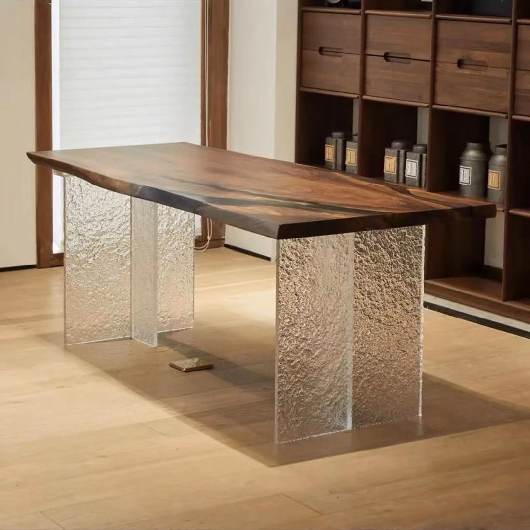 实木大板桌石头纹亚克力支架高清透明材质