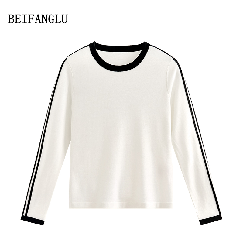 北方鹿 精纺细支羊毛|早春2025休闲撞色条纹圆领长袖针织衫26219