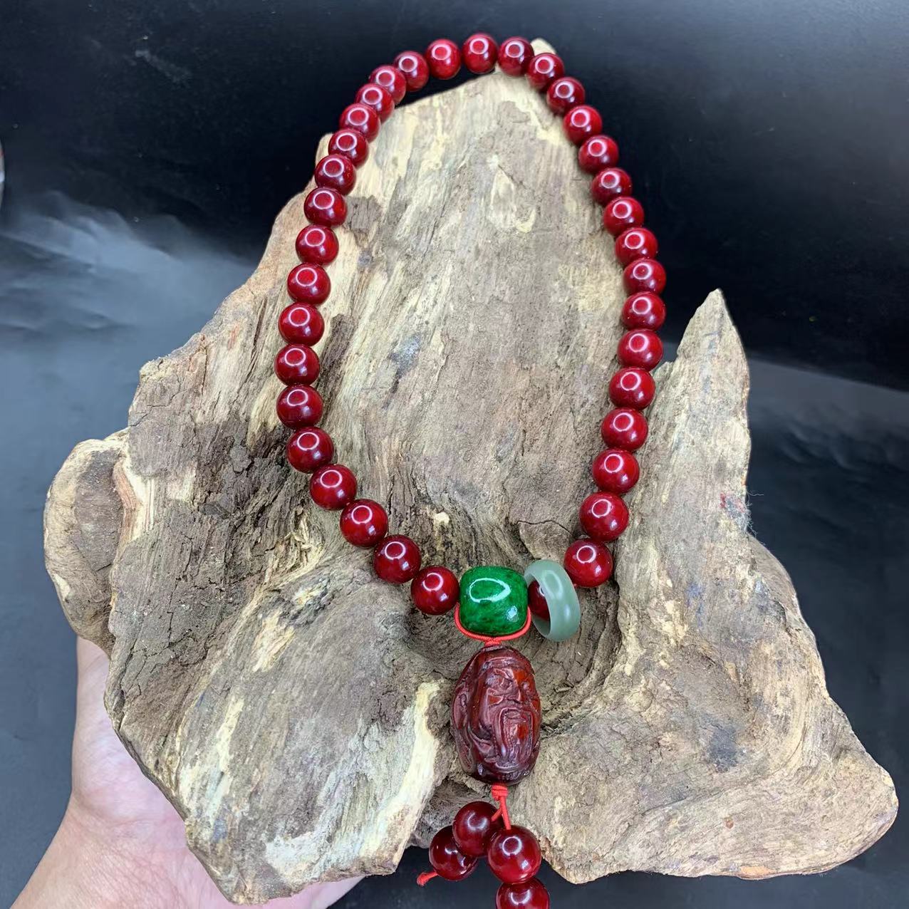 雷击木琥珀木红油玉化老料1.0手持男女文玩念珠车挂