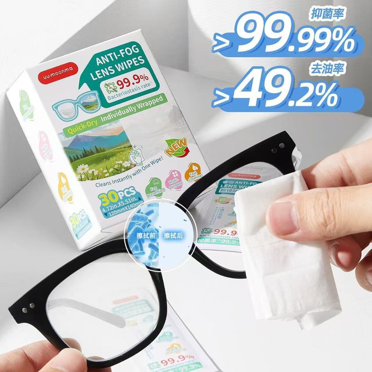 【拍2盒包邮】出口外贸眼镜防雾清洁湿巾多功能去污除雾速干 30片