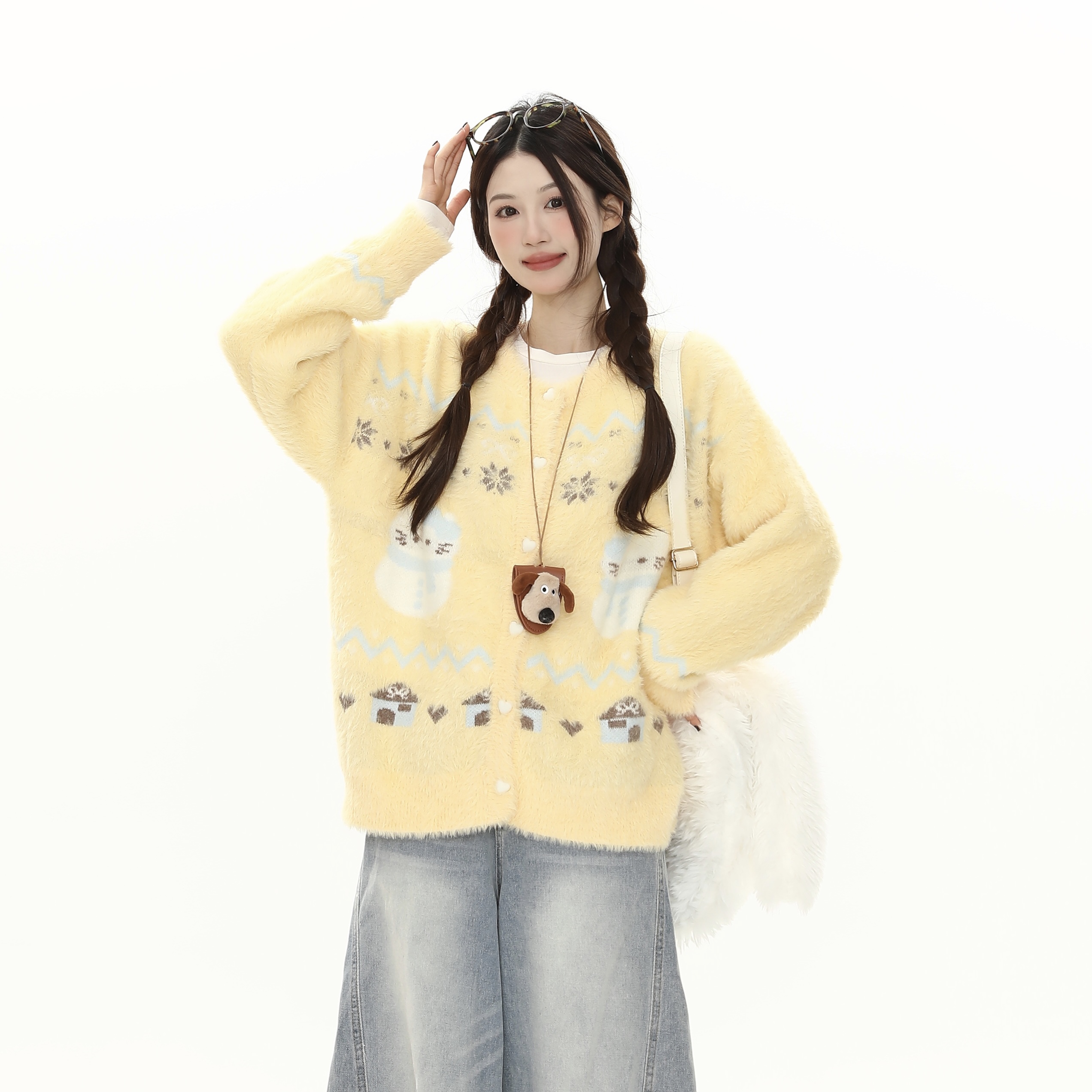 YIKOJIA费尔岛甜美风卡通雪人提花毛衣针织衫开衫宽松保暖女冬季