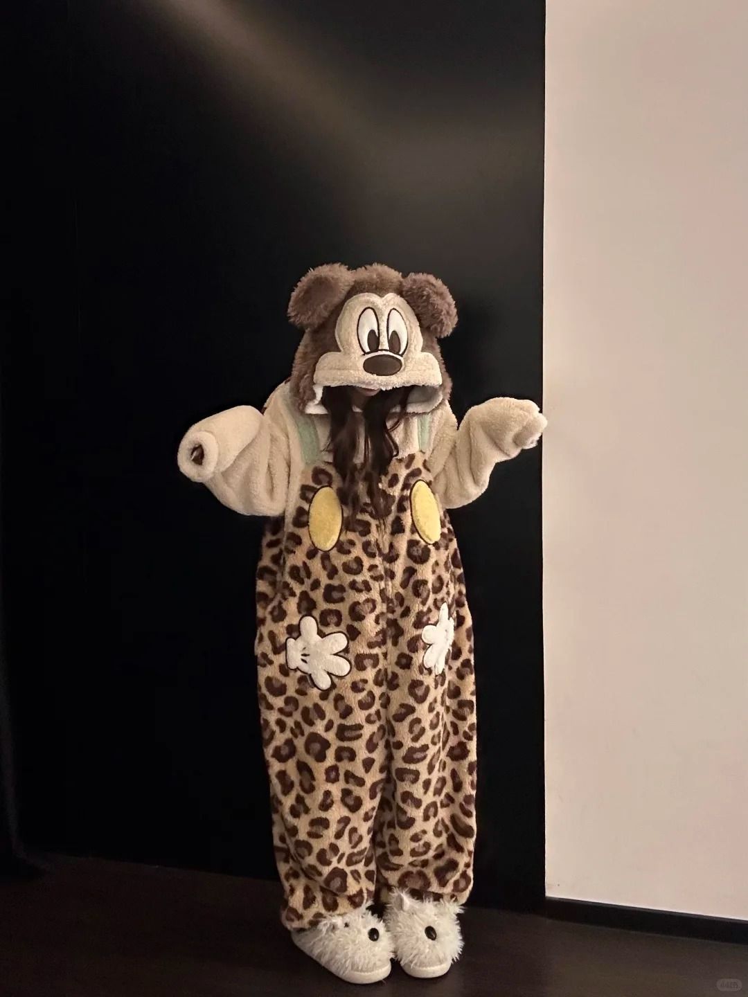 可爱米奇连体睡衣女秋冬季学生连帽加绒加厚卡通珊瑚绒家居服外穿