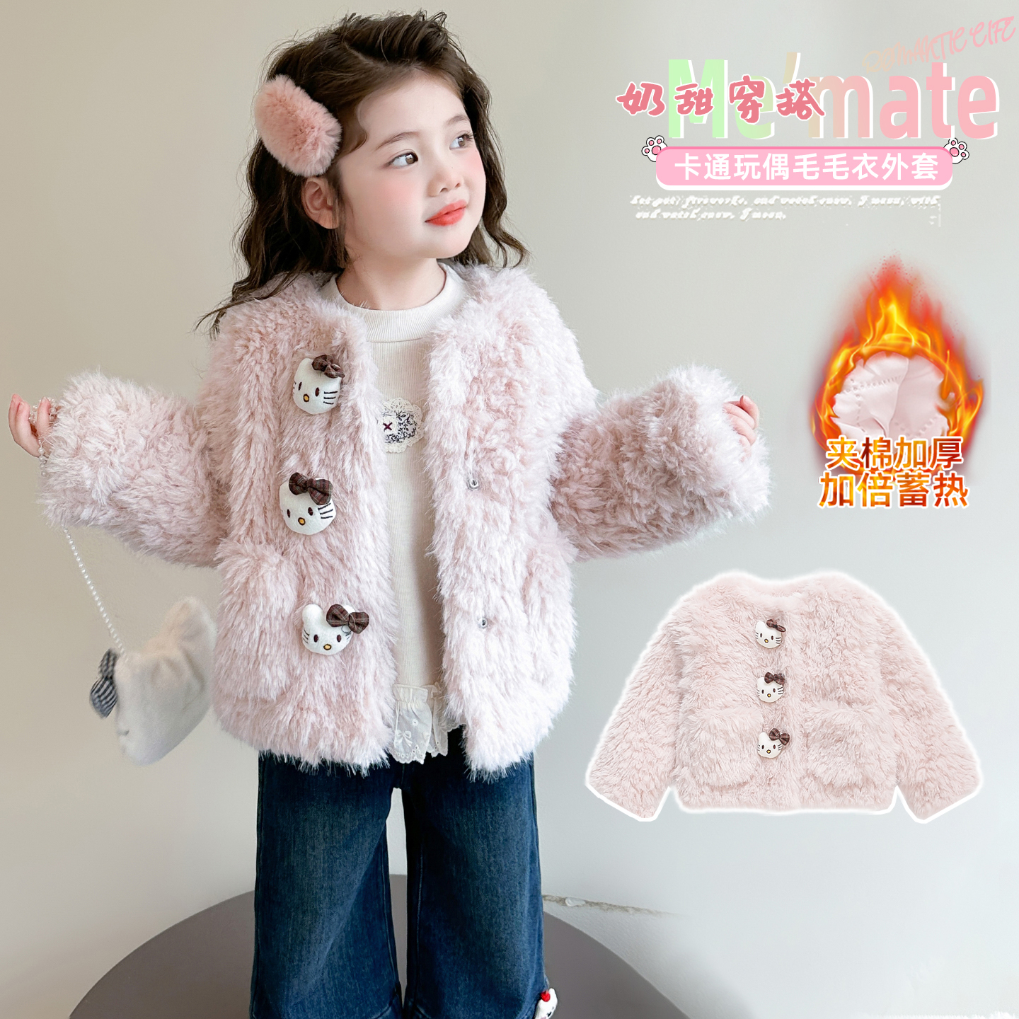 【TT】女童冬季新款时尚卡通玩偶毛毛衣女宝宝可爱夹棉外套HCE039