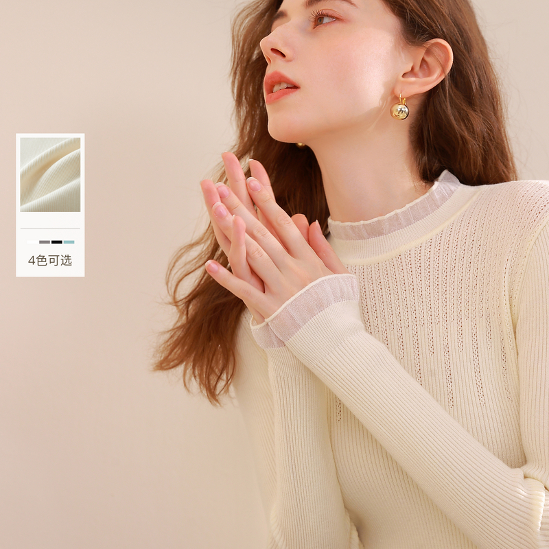 三彩2025冬季新款纯色针织衫玻璃纱拼接毛衫内搭打底衫修身M