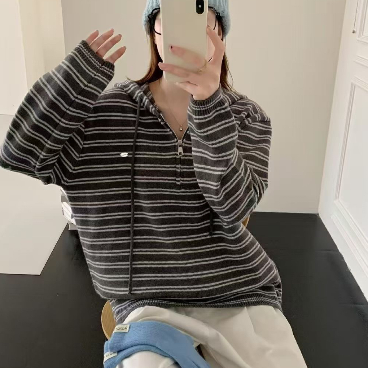 秋冬新款韩版条纹开衫宽松连帽毛衣时尚休闲