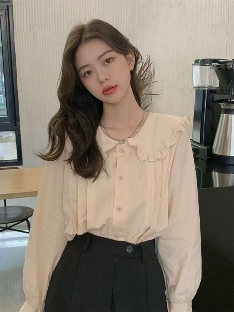 法式白色娃娃领衬衫女早秋季设计感小众衬衣小衫别致长袖薄款上衣