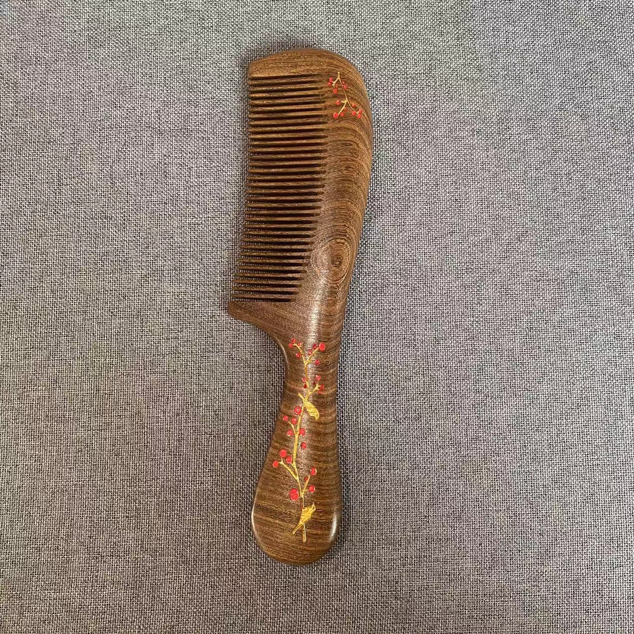 黑金檀彩绘檀木梳按摩梳彩金描绘圆润不卡发抓握舒适木梳子家用