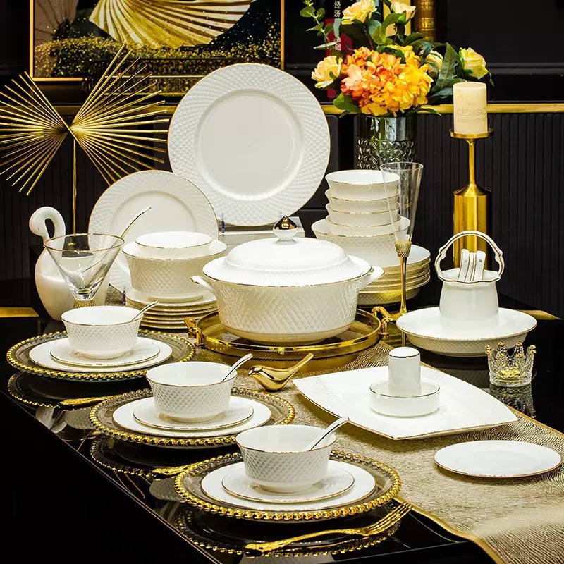 景德镇高温陶瓷【钻石10人位套装】轻奢釉下彩浮雕家用乔迁礼品