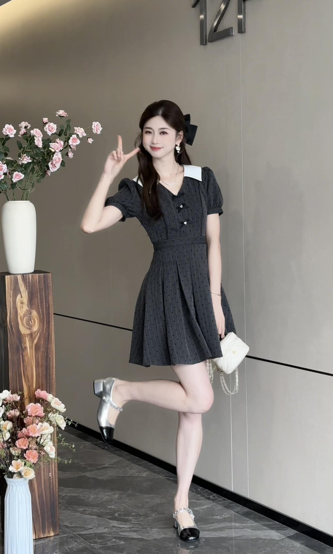 【云烟】法式miu系波点灰色连衣裙夏季小香风千金感短裙