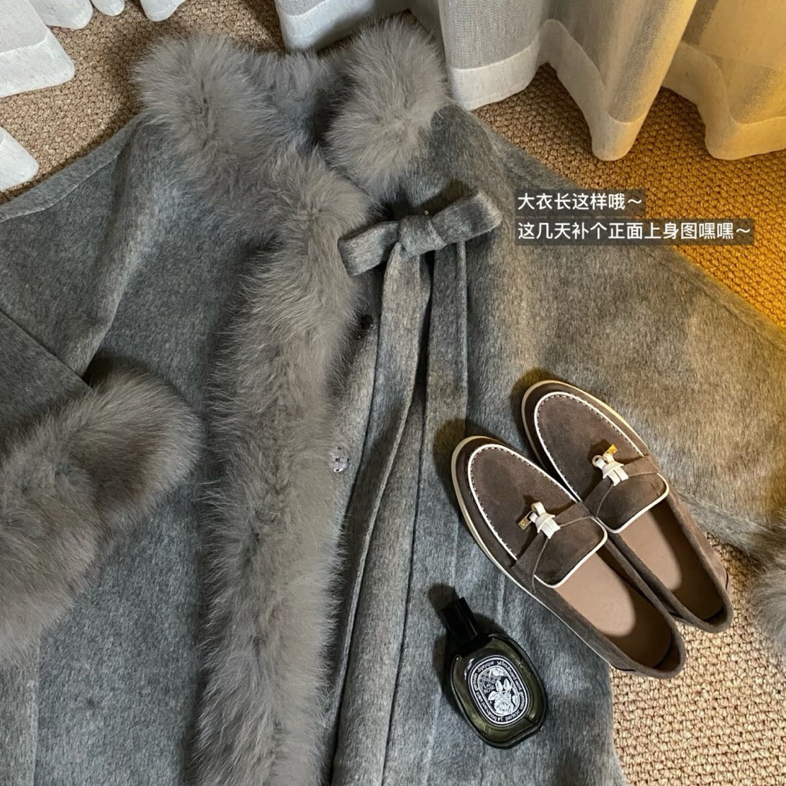 明国大小姐2灰色2025狐狸毛羊毛大衣外套女