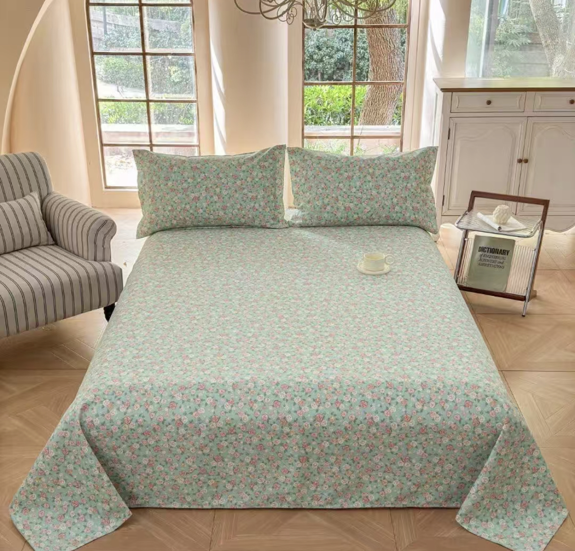 （小碎花绿）山东老粗布床单大帆布凉席三件套透气防滑加厚