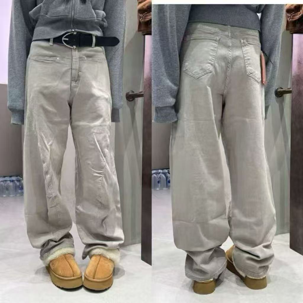 秋冬新品直筒弯刀裤加绒加厚款法式牛仔裤设计师宽松百搭女直筒款