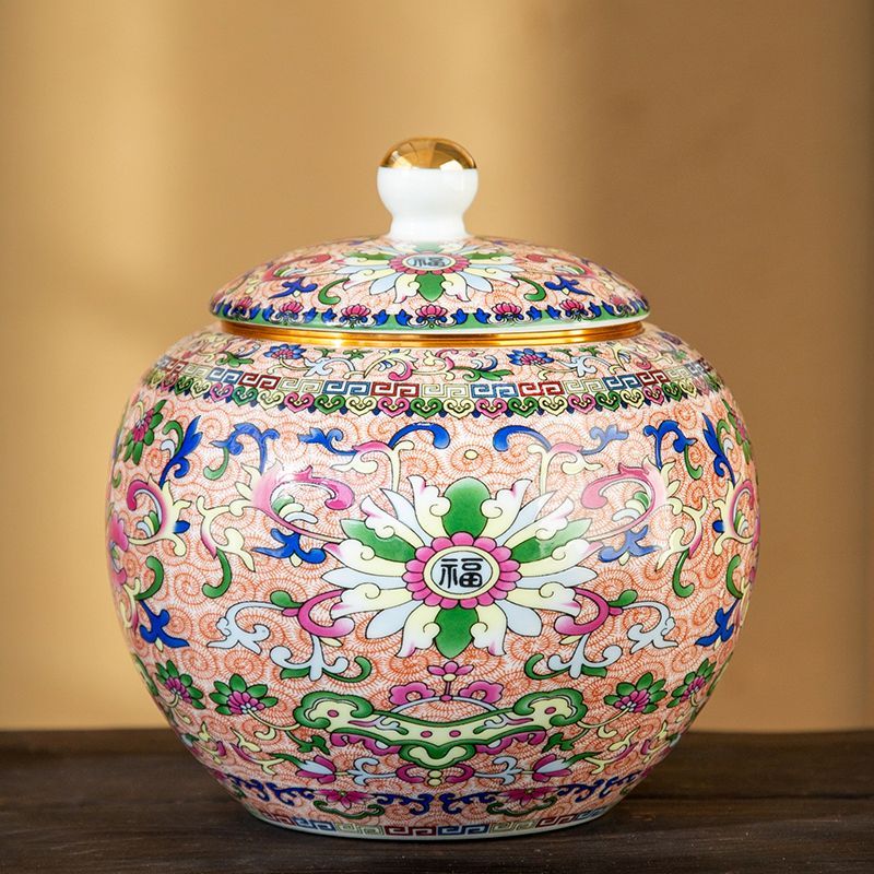 陶瓷珐琅彩青花家用茶叶密封罐金属螺旋盖防潮