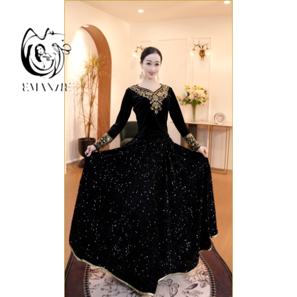 B25Q09异域风情烫钻大摆半身裙秋冬重工丝绒疆舞服显瘦漂亮