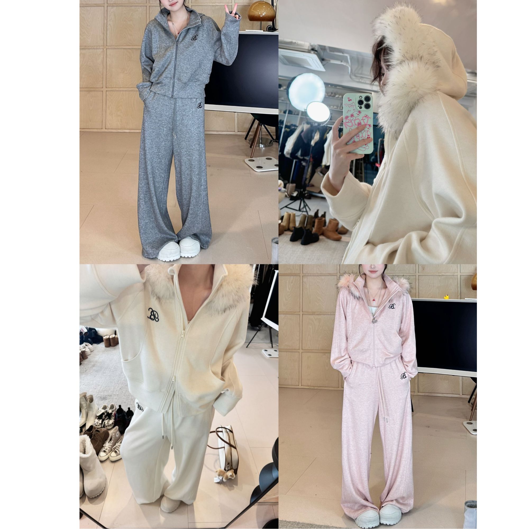 【探索自我！】胸前字母刺绣毛领连帽外套+全松紧高腰休闲裤