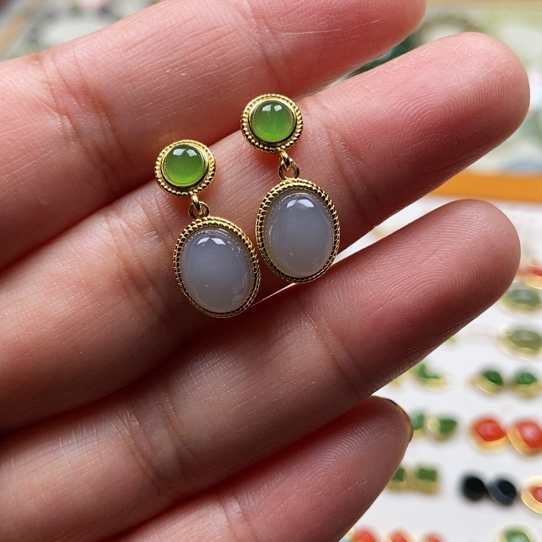 和田玉耳饰银S925镶嵌