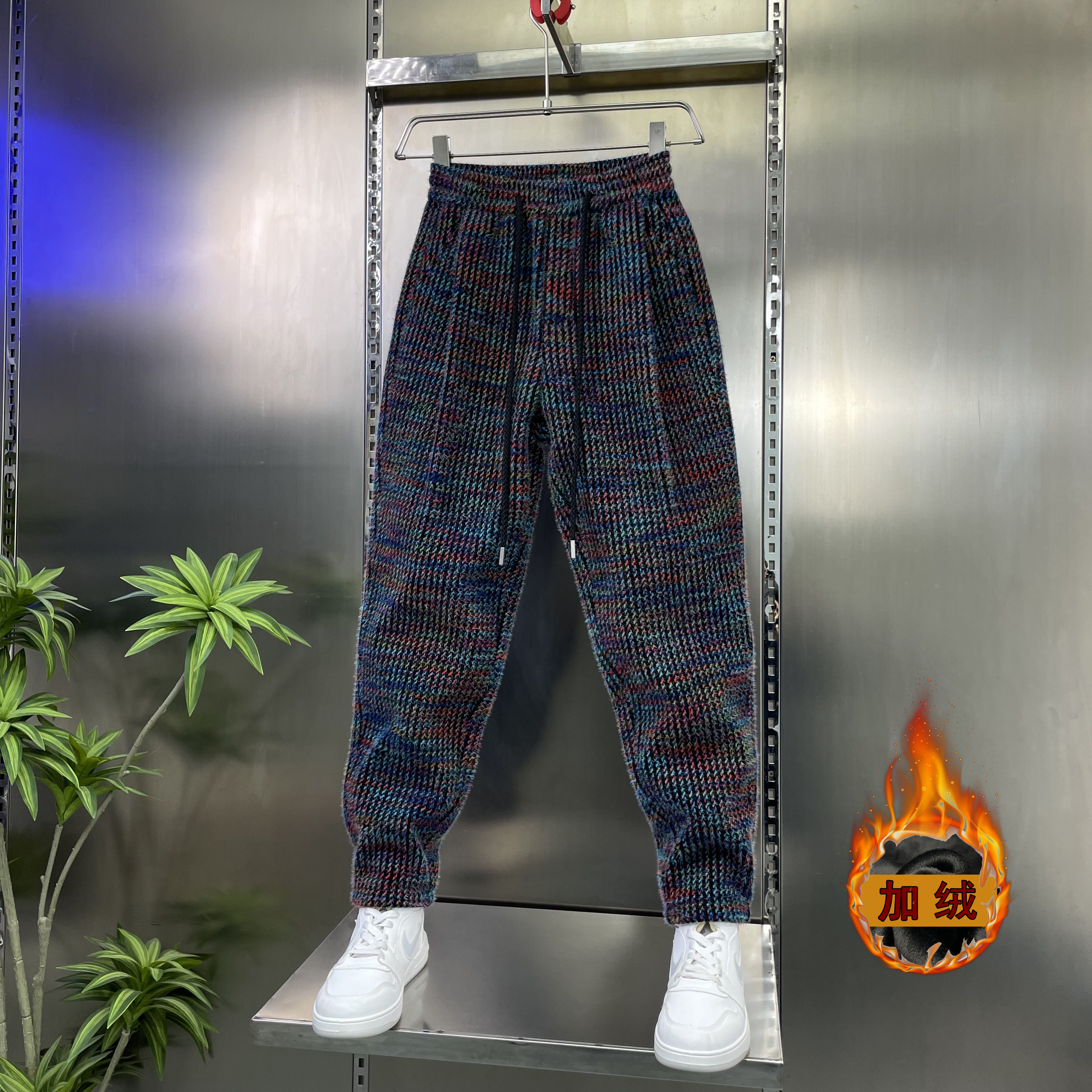 【运费补贴】针织加绒加厚提花定制面料免熨抗皱保暖潮流休闲男裤