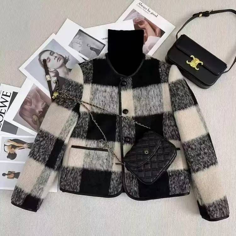 高端夹棉小香风外套女冬季新款时尚棉衣棉服格子毛呢短款上衣