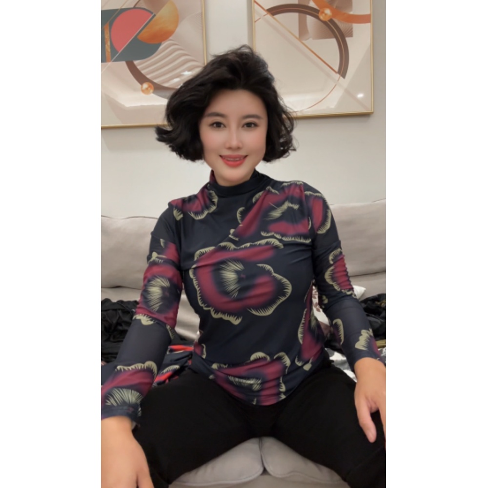 【乔奶奶专属】时尚印花高领网纱长袖T恤女2025年秋季新款百搭上衣