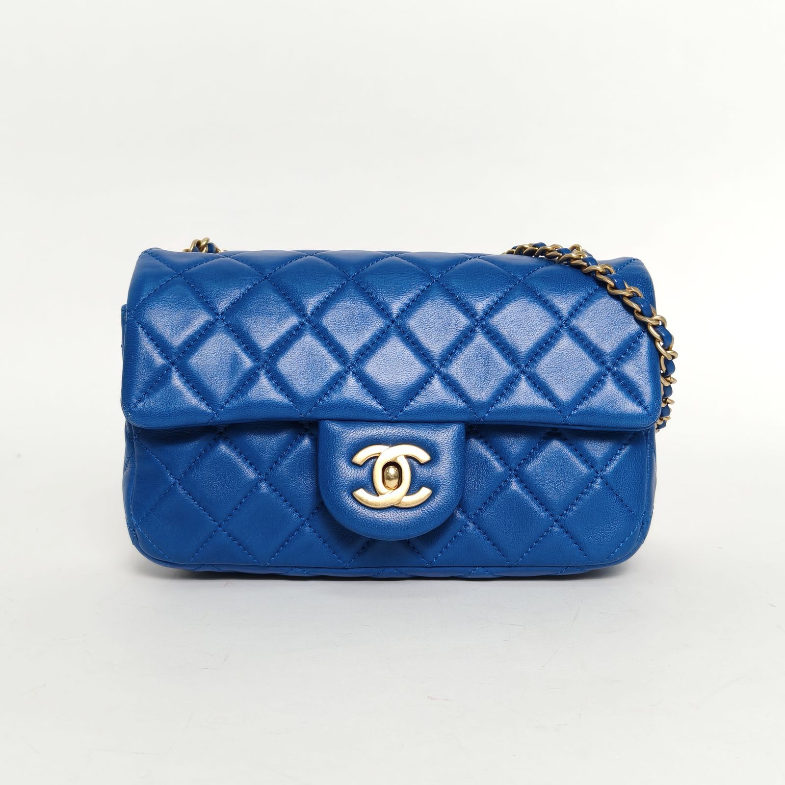 95新 Chanel/香奈儿 小花6珊CF口盖包大Mini蓝色 30开 金扣 金球