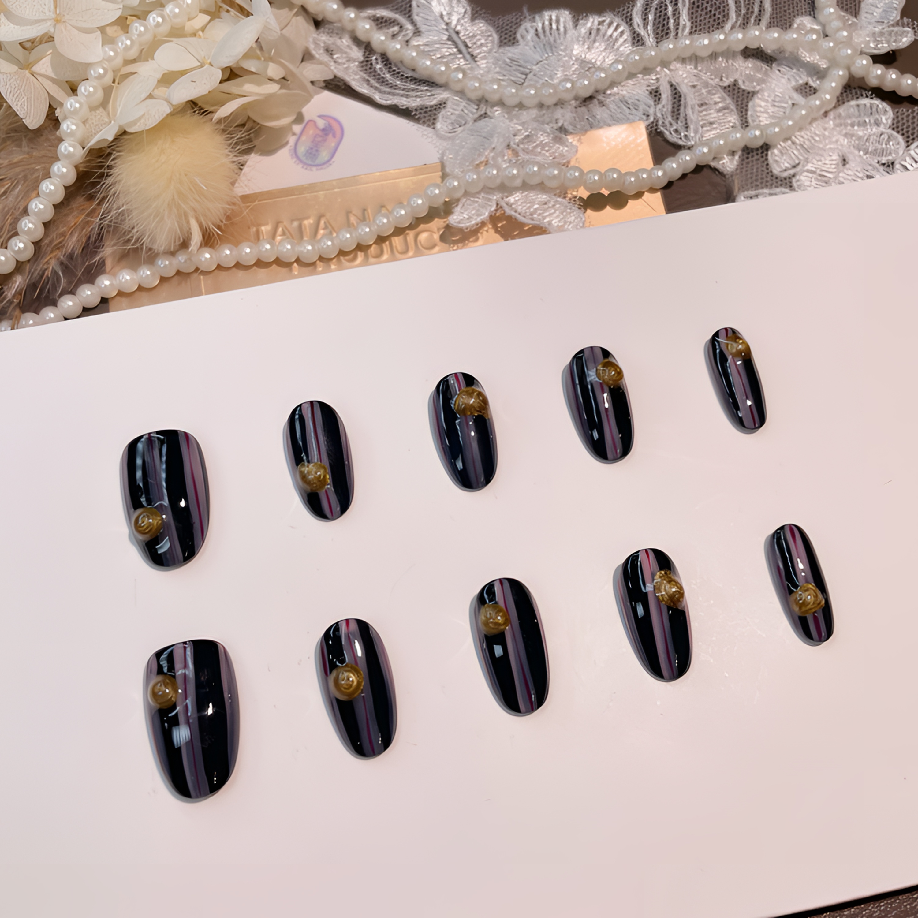 A2351『粉墨纹章』个性手绘不规则纹金色立体泡泡柳钉手工穿戴甲