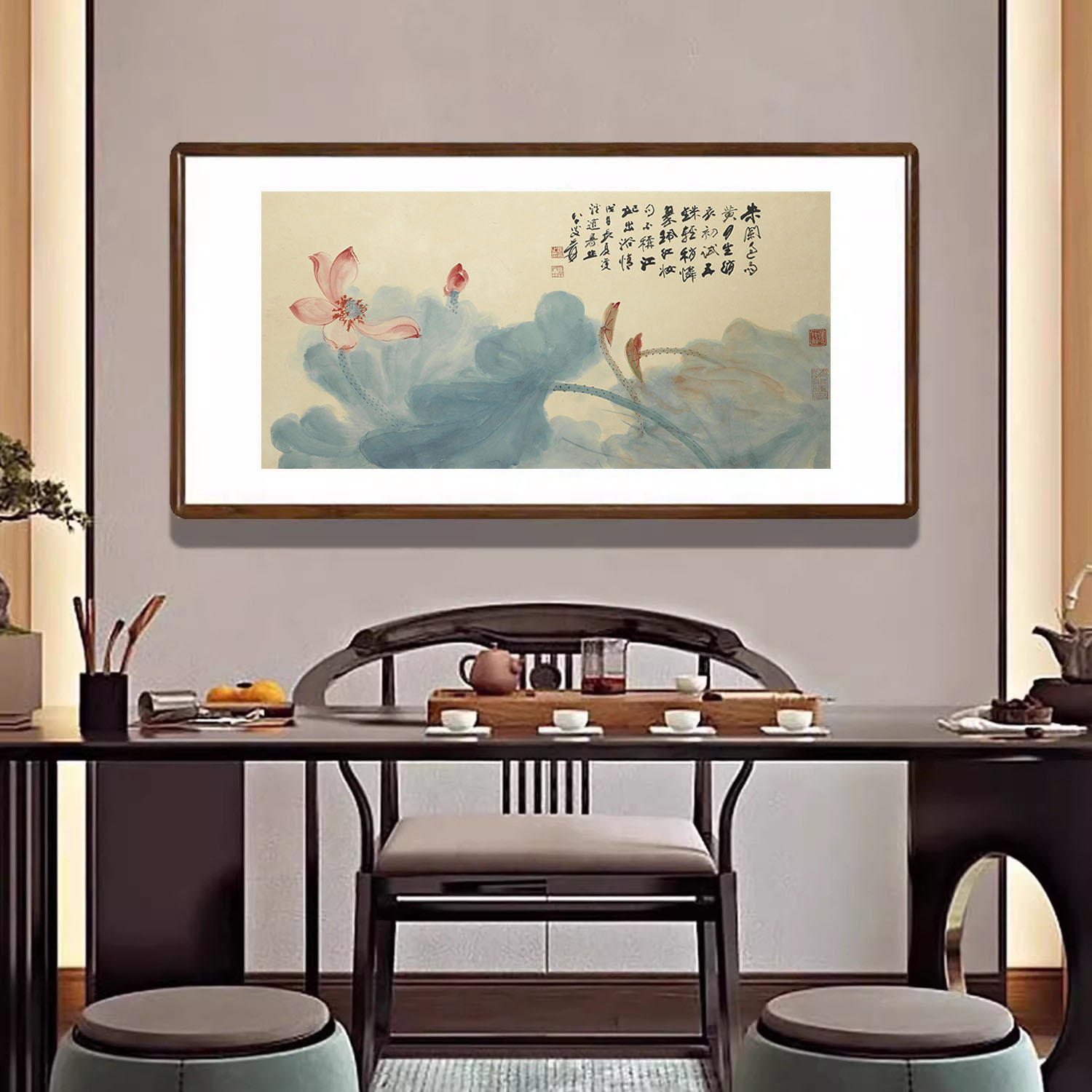 荷花挂画红荷图新中式客厅办公室装饰画茶室餐厅背景墙国画水墨画