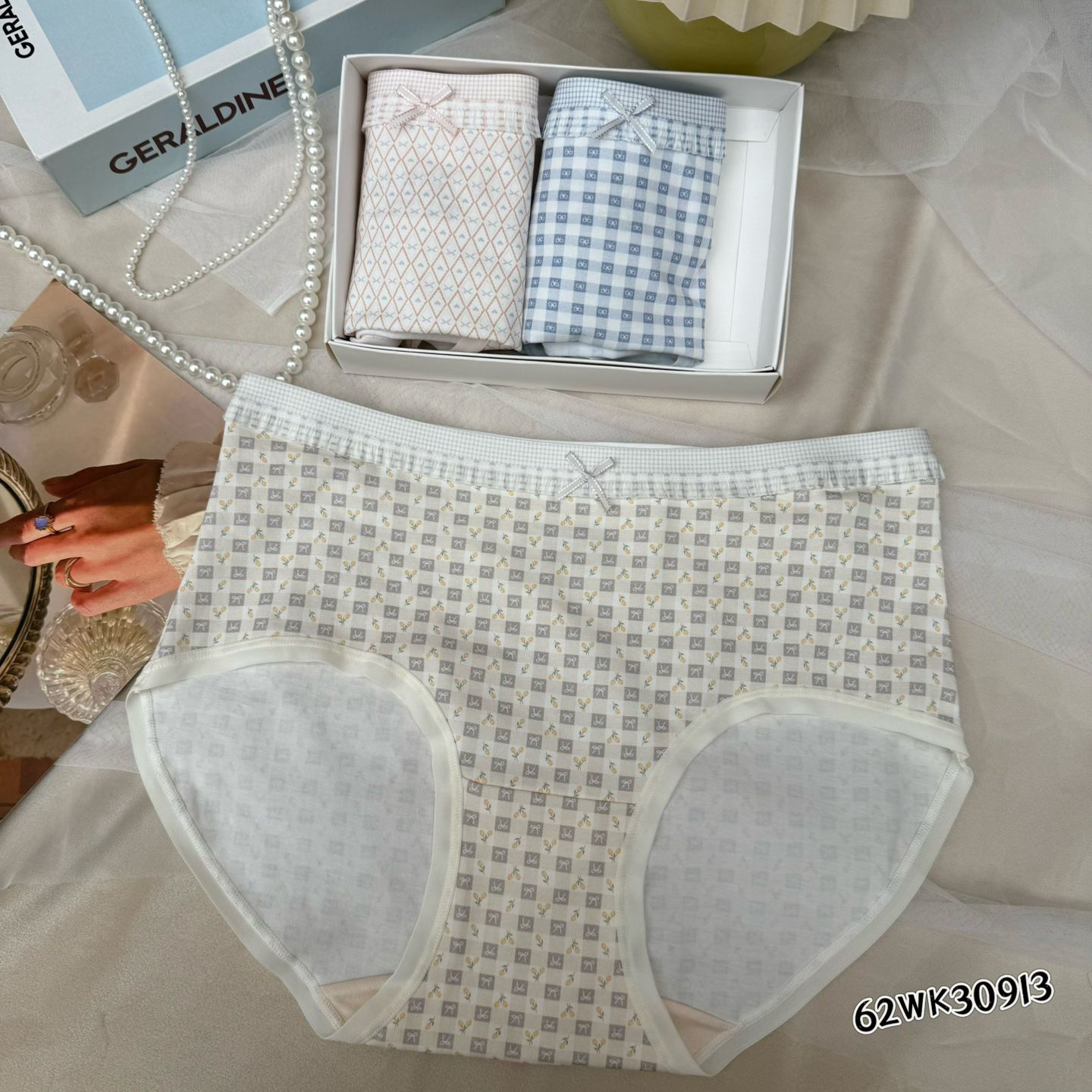 格子粉～85-125斤中腰棉质10A抗菌舒适透气女士内裤【3条装】