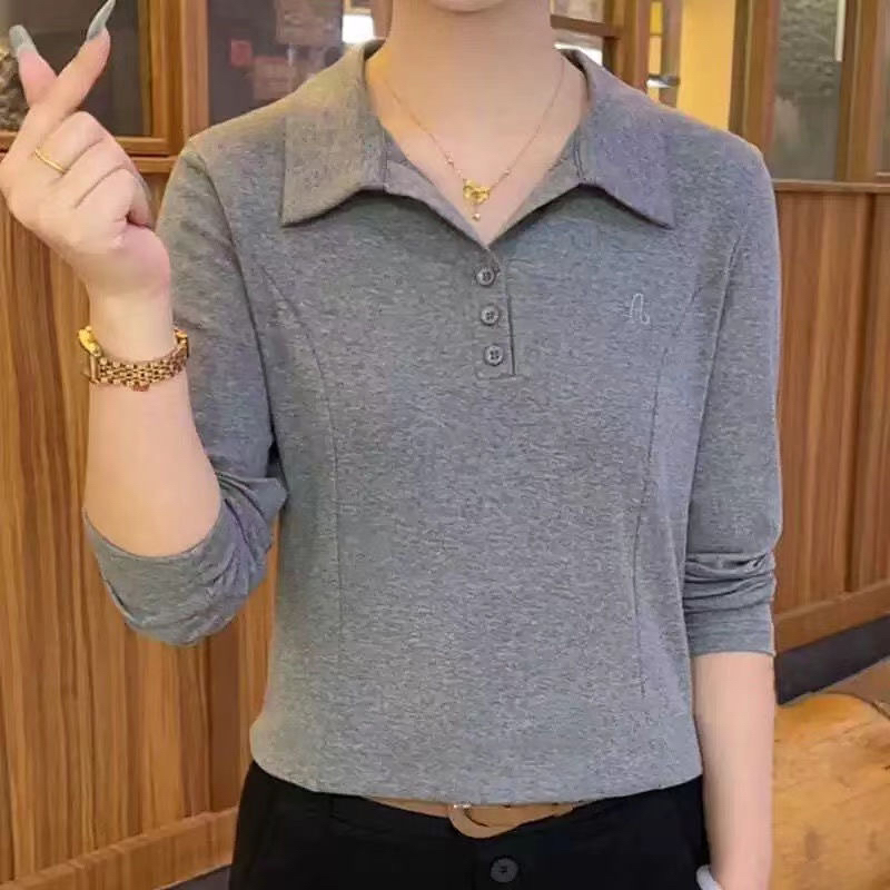 刺绣春秋长袖T恤女士拼接ol休闲风秋季纯色翻领洋气