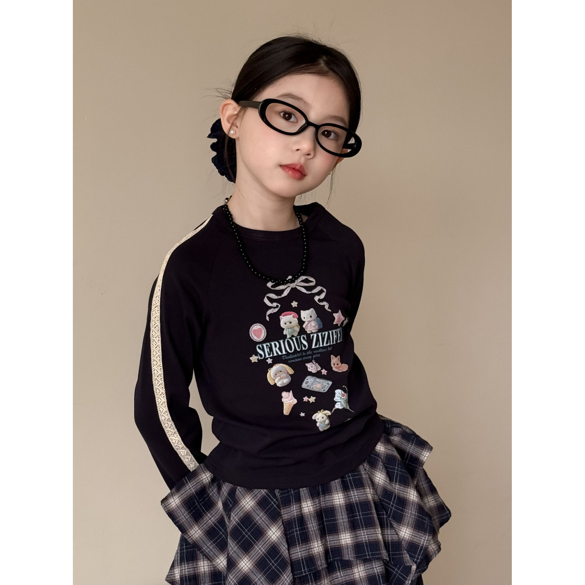 LJ-71658-女童上衣2025春季新品儿童休闲花边长T韩系长袖上衣