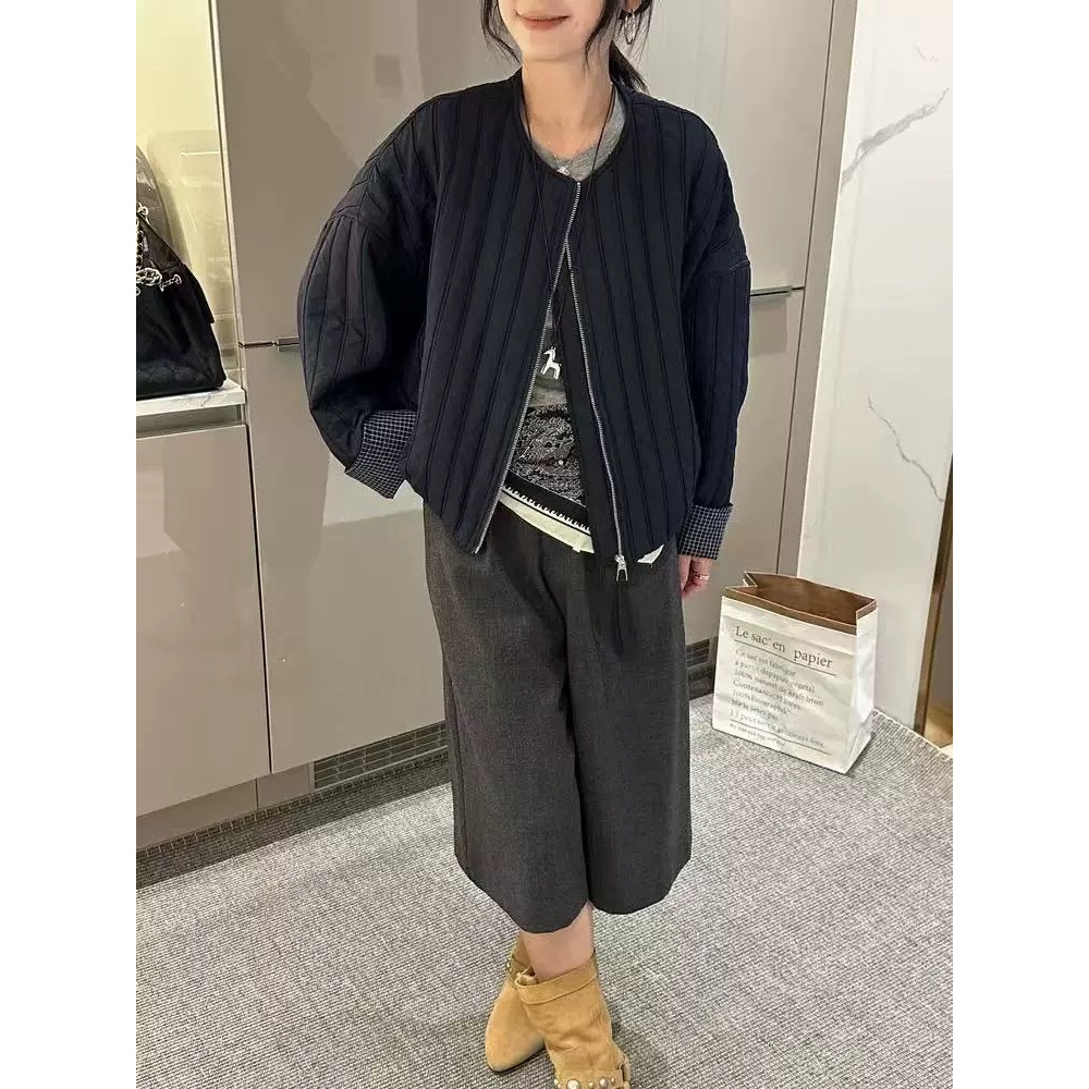 青青家 秋季新款立领拼接格子设计感百搭时尚棉服-8118