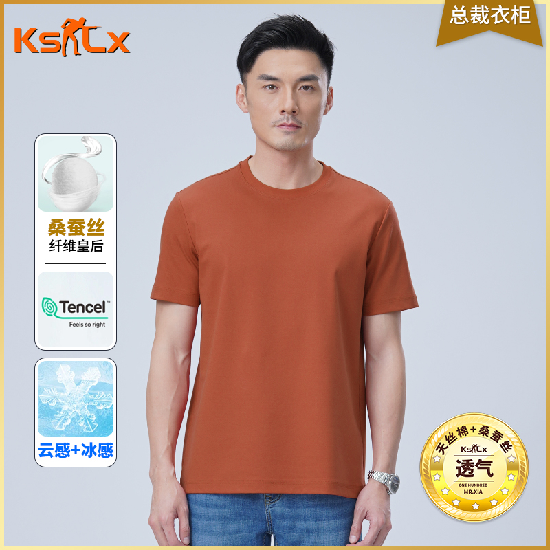 【总裁衣柜·80支莱赛尔+桑蚕丝】夏季净版纯色短袖圆领T恤男女同款