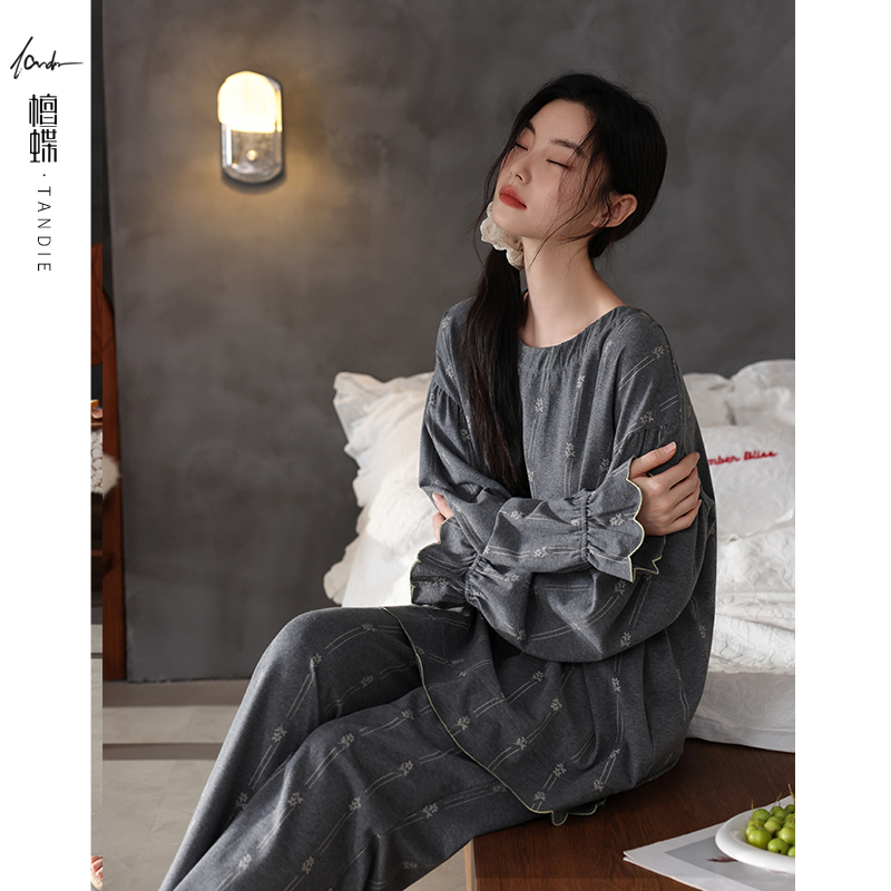 檀蝶2025年新款秋冬季纯棉睡衣成人女款睡衣家居服套装秋冬季薄款
