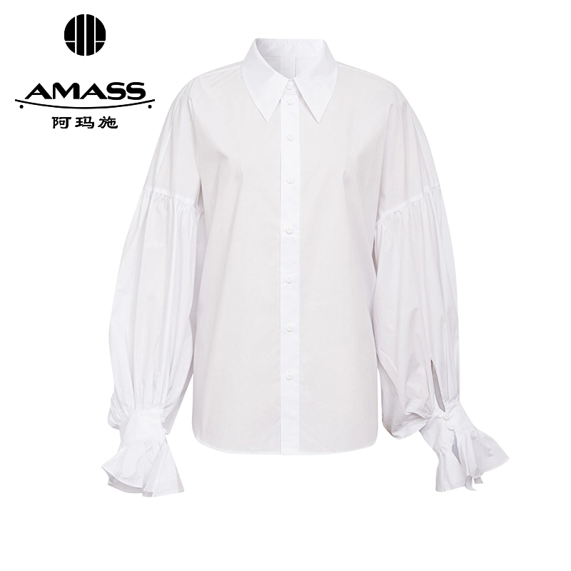 AMASS/阿玛施宫廷风纯色泡泡袖纯棉单排扣造型白衬衫女5301042